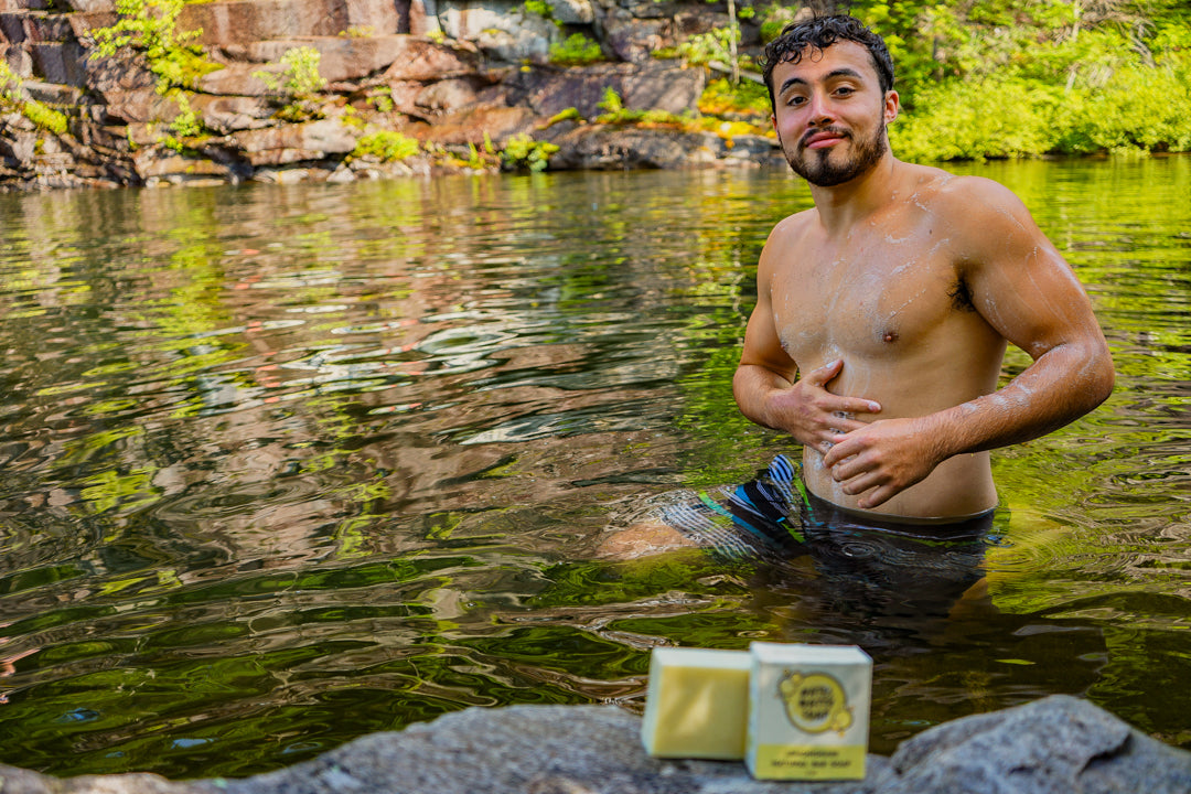 Mike using Lemongrass soap in lake