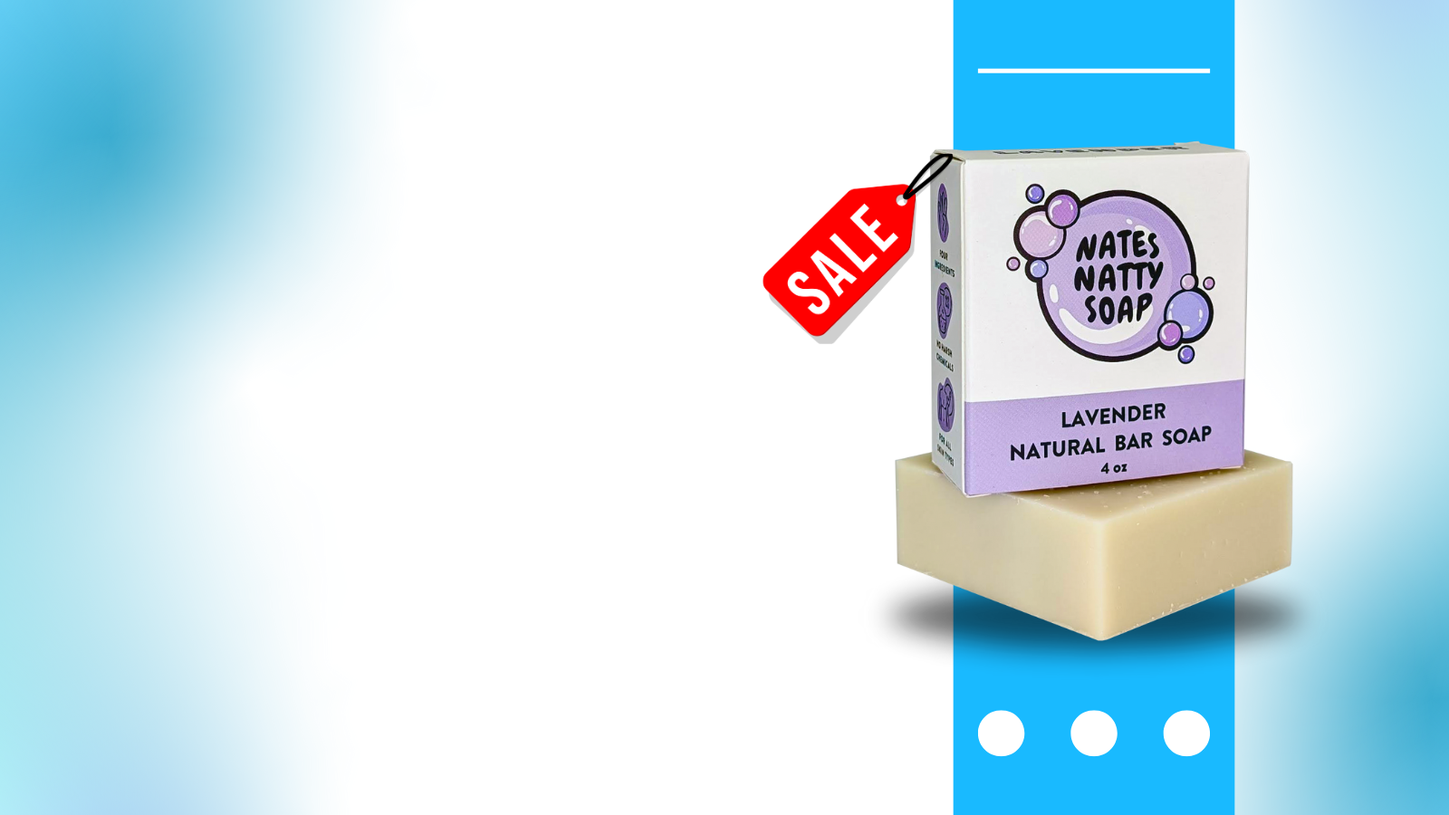 Natty Soap lavender bar soap on a stand with a sale tag against a blue gradient background
